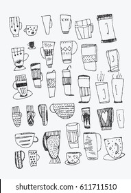 Set of glasses, cups, mugs. Linear art. Line art. handmade. T-shirt baby prints
