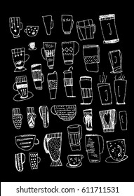 Set of glasses, cups, mugs. Linear art. Line art. handmade
