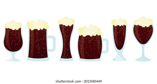 A set of glasses with dark beer. A glass with dark beer and foam. Vector illustration. Beer for menus, bars, logos, postcards, invitations.