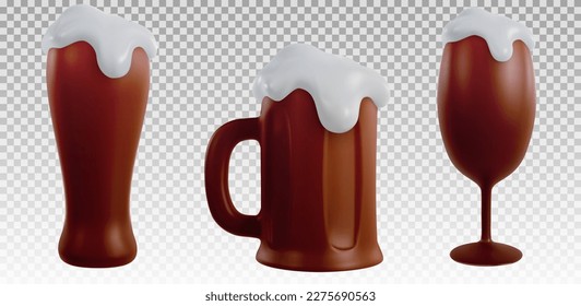 Set glasses of dark beer isolated on transparent background. 3d cartoon illustration in realistic minimal style. Collection modern vector graphic elements.