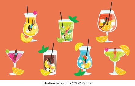 Set of glasses with delicious cold drinks. Inside them swim different girls in swimsuits. Vector graphics.