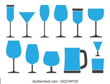 Set of glasses for different alcohol drinks. Blue and gray colors. Vector illustration