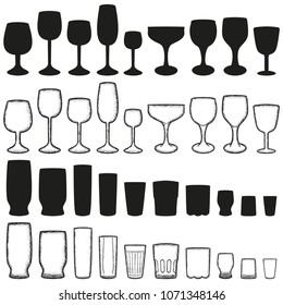 さまざまなグラスウェアシルエットのベクターイラスト ワイン ビール ウィスキー コニャック その他のアルコール飲料用の空のグラス50点を編集可能 さまざまな種類のステムウェア ビーカー マグカップ のベクター画像素材 ロイヤリティフリー