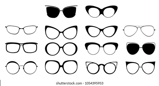 set of glasses in different frames. black glasses icons on white background