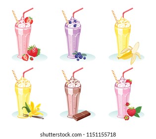 Set of glasses with different milkshakes isolated on white background. Strawberries, raspberries, blueberries, vanilla, chocolate, banana. Vector illustration of sweet fresh drink in flat style.