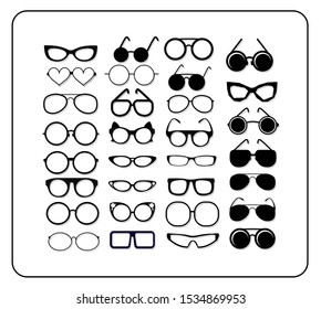 Set of glasses in different positions. vector silhouette on white background. model icons. Collection of fashion accessories