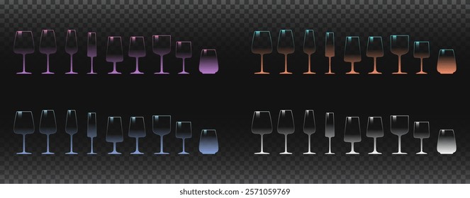 Set of glasses different shapes and colors. Vector illustration of glasses for drinks and desserts Isolated on transparent background