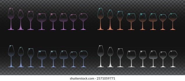 Set of glasses different shapes and colors. Vector illustration of glasses for drinks and desserts Isolated on transparent background