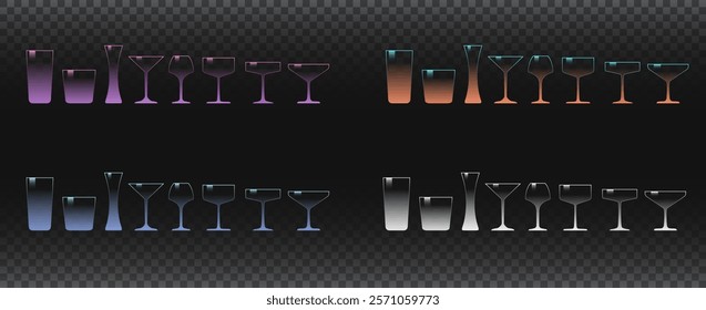 Set of glasses different shapes and colors. Vector illustration of glasses for drinks and desserts Isolated on transparent background