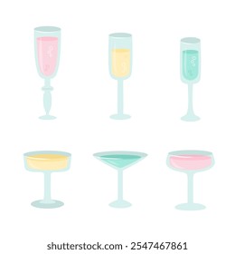 Set of glasses different shapes with liquid in pastel colors in cute cartoon flat style