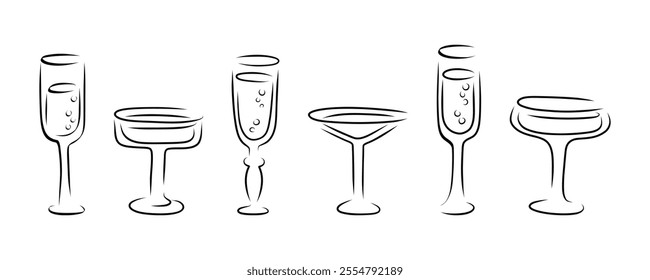 Set of glasses of different shapes outline silhouette. 