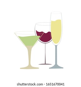 Un conjunto de vasos de diferentes formas y tamaños para diferentes bebidas. Ilustración vectorial.