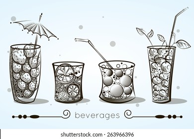 Set of glasses of different shapes with sodas and fruit cocktails silhouettes without color fill