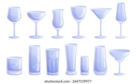 A set of glasses and glasses of different shapes for wine, cocktails and other beverages. The concept of a party, holiday, birthday. Vector illustration in A4 format
