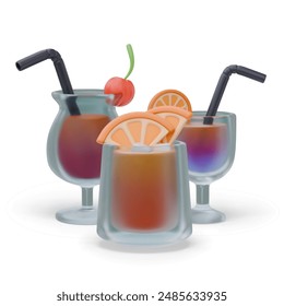 Set of glasses of different types with cold cocktails. Realistic advertising vector composition