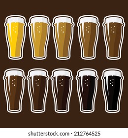 Set of glasses with different varieties of beer