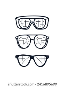 Set with glasses, doodle, linear vector illustration in cartoon style