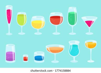 Set Brille mit Getränken. Glaswaren-Set für Getränke. Cocktailbrille. Horizontaler Banner. Auf blauem Hintergrund.