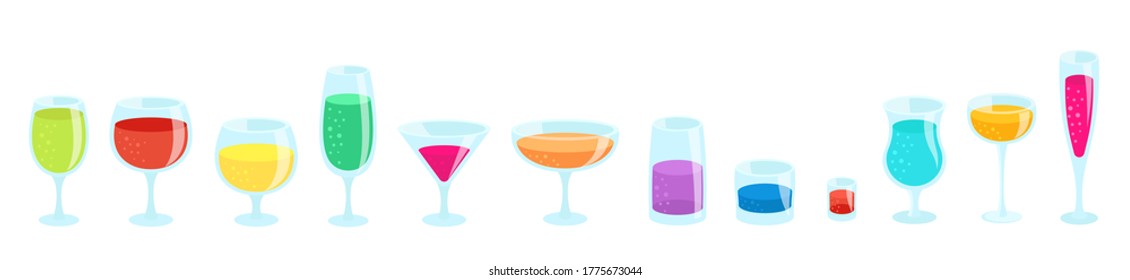 Set of glasses with drinks. Beverage glassware kit. Cocktail glasses. Horizontal banner. Flat vector color illustration.