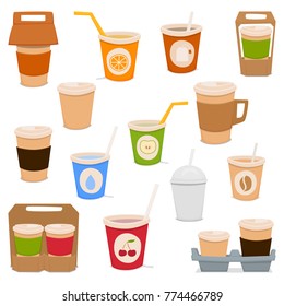 a set of glasses for drinks: coffee, juice, tea, water, cocoa. Vector cartoon illustration