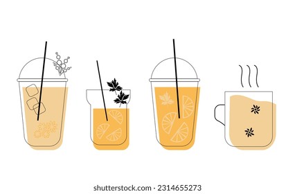 A set of glasses with drinks. Drawing lines with a background.