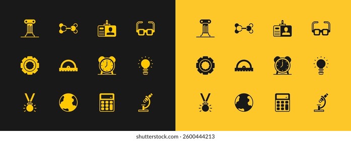 Set Glasses, Earth globe, Alarm clock, Calculator, Protractor grid, Identification badge, Law pillar and Molecule icon. Vector