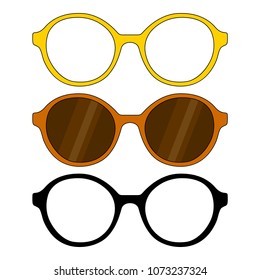 Set of glasses, glasses frames, round form, sunglasses, dark brown glasses with glare, yellow orange black, stylized simple drawing, colored and black and white, Isolated object, White background