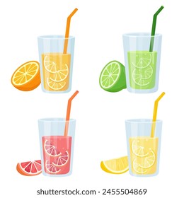 Set of glasses with Fresh citrus juice. Orange, lemon, lime and grapefruit juices or vitamin C smoothie. Vector icon illustration isolated on white background.