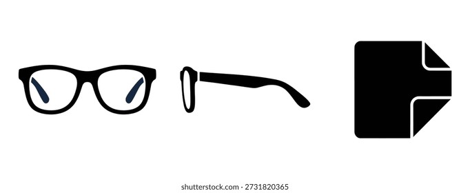 Conjunto de gafas vista frontal y lateral y documento con esquina plegada. Ilustración vectorial aislada sobre fondo transparente.