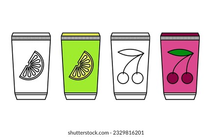 A set of glasses with fruit juice. Cherry and lemon drinks. Flat vector illustration with outline.	