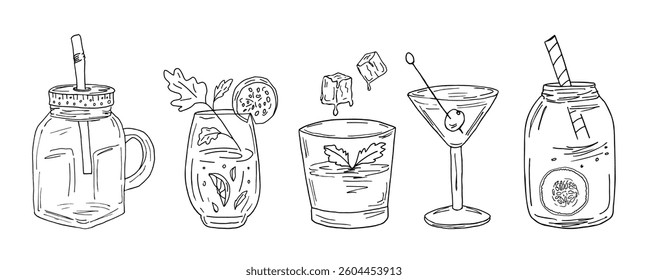 A set of glasses for fruit and vegetable smoothies, with pieces of ingredients, tubes and ice. Vector illustrations in doodle style of healthy cocktails, diet detox drinks.