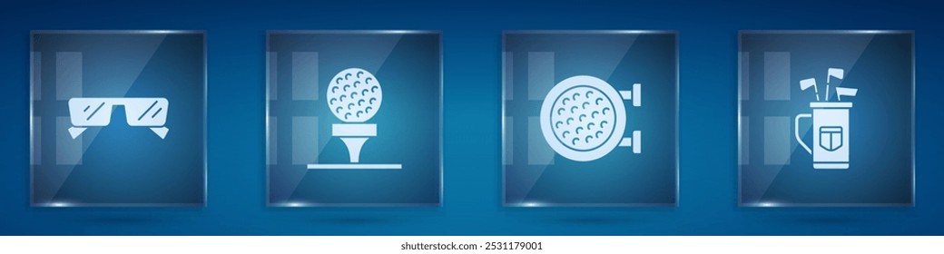 Set Óculos, bola de golfe em T, clube de esporte e saco com paus. Painéis de vidro quadrados. Vetor
