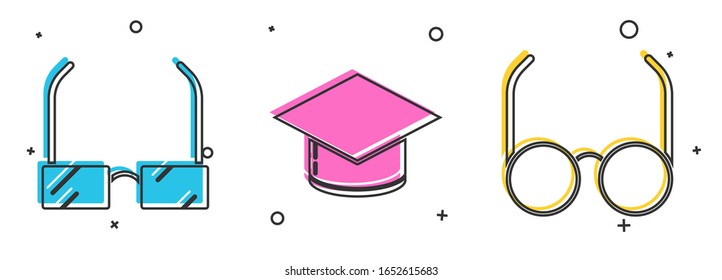 Set Glasses, Graduation cap and Glasses icon. Vector