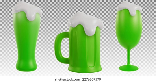 Set glasses of green beer isolated on white background. 3d cartoon illustration in realistic minimal style. Collection modern vector graphic elements.