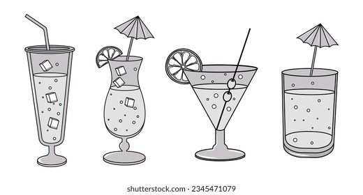 Set of glasses in hand drawn style. Glass. Martini, whiskey, cognac, alcoholic drinks. Cocktails with ice. Lemon and lime. Doodle