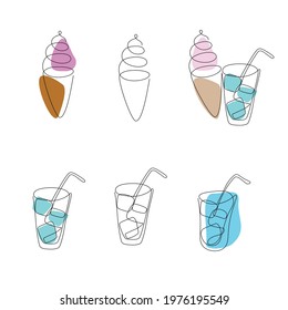 a set of glasses with ice and ice cream in a waffle cup