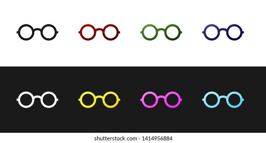 Set Glasses icon isolated on black and white background. Eyeglass frame symbol. Vector Illustration