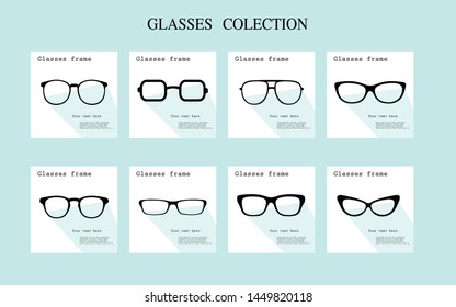 Set of glasses, icon, glasses style, various shapes, sunglasses with shadows Various eyeglass frames Illustration - vector