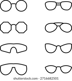 Un conjunto de iconos de gafas con varios estilos de gafas, desde gafas regulares hasta gafas de sol. Estos iconos se pueden usar para proyectos de moda, accesorios, óptica y estilo de vida, particularmente en temas relacionados con la salud, la belleza y el estilo.
