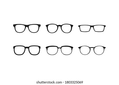 Set of glasses icons. Sunglasses collection in black color. Silhouette of reading glasses on white background. Modern and retro eyeglasses. Isolated collection of optic glasses. Vector EPS 10