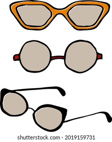Set of glasses icons. Vector illustration in simple childish style. Three different types of glasses. Icon and logo design