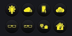 Set Glasses, Internet Of Things, Smart Glasses, House With Solar Panel, Mobile Charging Battery, Humidity, Temperature And Light Bulb And Gear Icon. Vector