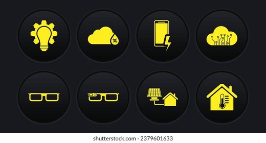 Set Glasses, Internet of things, Smart glasses, House with solar panel, Mobile charging battery, Humidity, temperature and Light bulb and gear icon. Vector