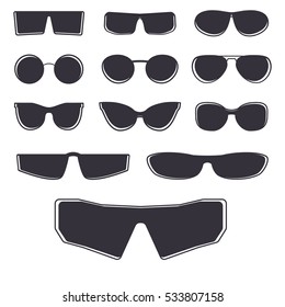Set of glasses isolated on white background. Various design sunglasses and eyeglasses templates. Vector illustration