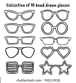 A set of glasses isolated. Sunglasses, glasses, isolated on white background. Hand drawn silhouettes of glasses. 