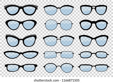 A set of glasses isolated. Vector glasses model icons. Sunglasses, glasses, isolated on white background. Silhouettes. Various shapes - stock illustration