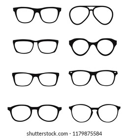 A set of glasses isolated. Vector glasses model icons. Sunglasses, glasses, isolated on white background. Silhouettes. Various shapes - stock illustration.