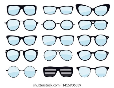 A set of glasses isolated. Vector model icons. Sunglasses isolated on white background. Silhouettes. Various shapes - stock illustration.