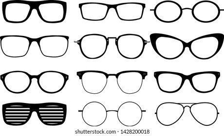 A set of glasses isolated. Vector glasses model icons. Sunglasses, glasses, isolated on white background. Silhouettes. Various shapes - stock illustration.