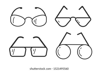 A set of glasses isolated. Vector glasses model icons. Black silhouettes isolated on white. Different shapes, frame, styles.
